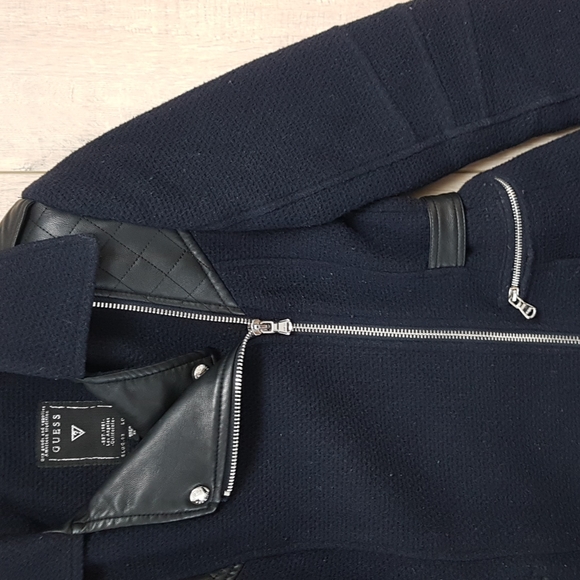Sold Guess XS Navy Winter Coat with Leather & Silver Accents - Picture 3 of 6